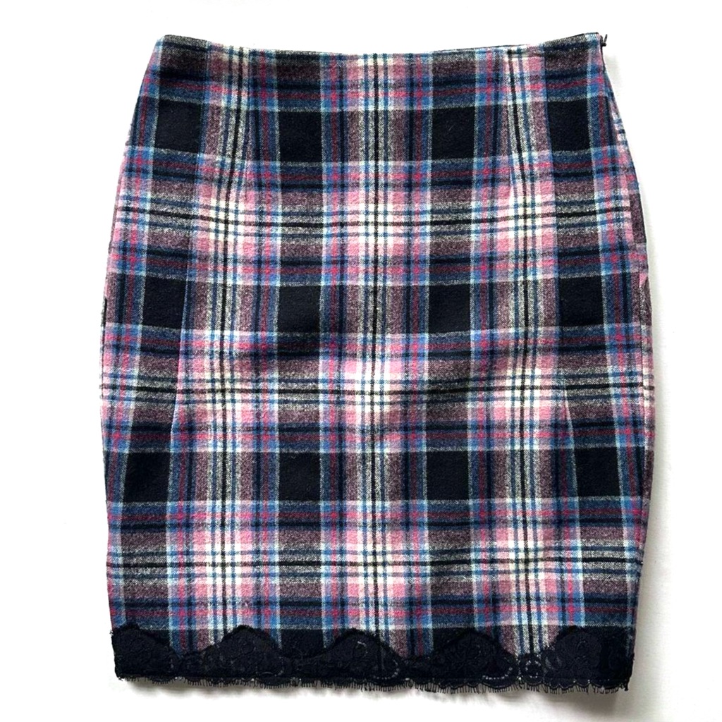 Tibi Lace Trim Red Blue Black & White Check Plaid Wool Pencil Skirt Size 4